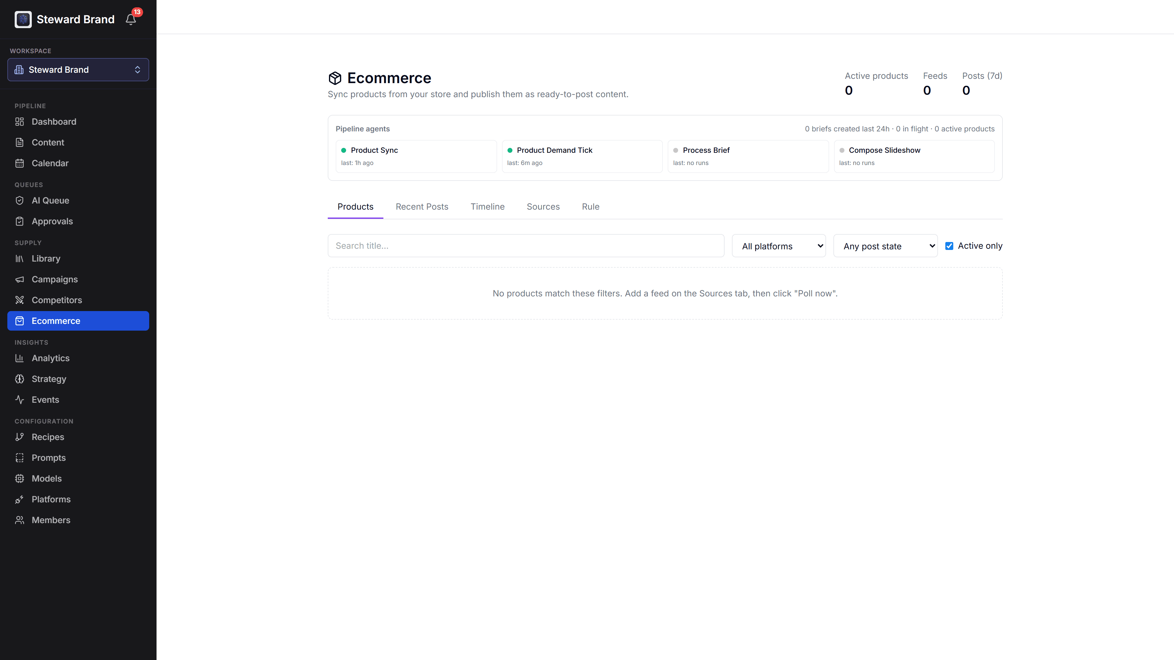 The Ecommerce products screen