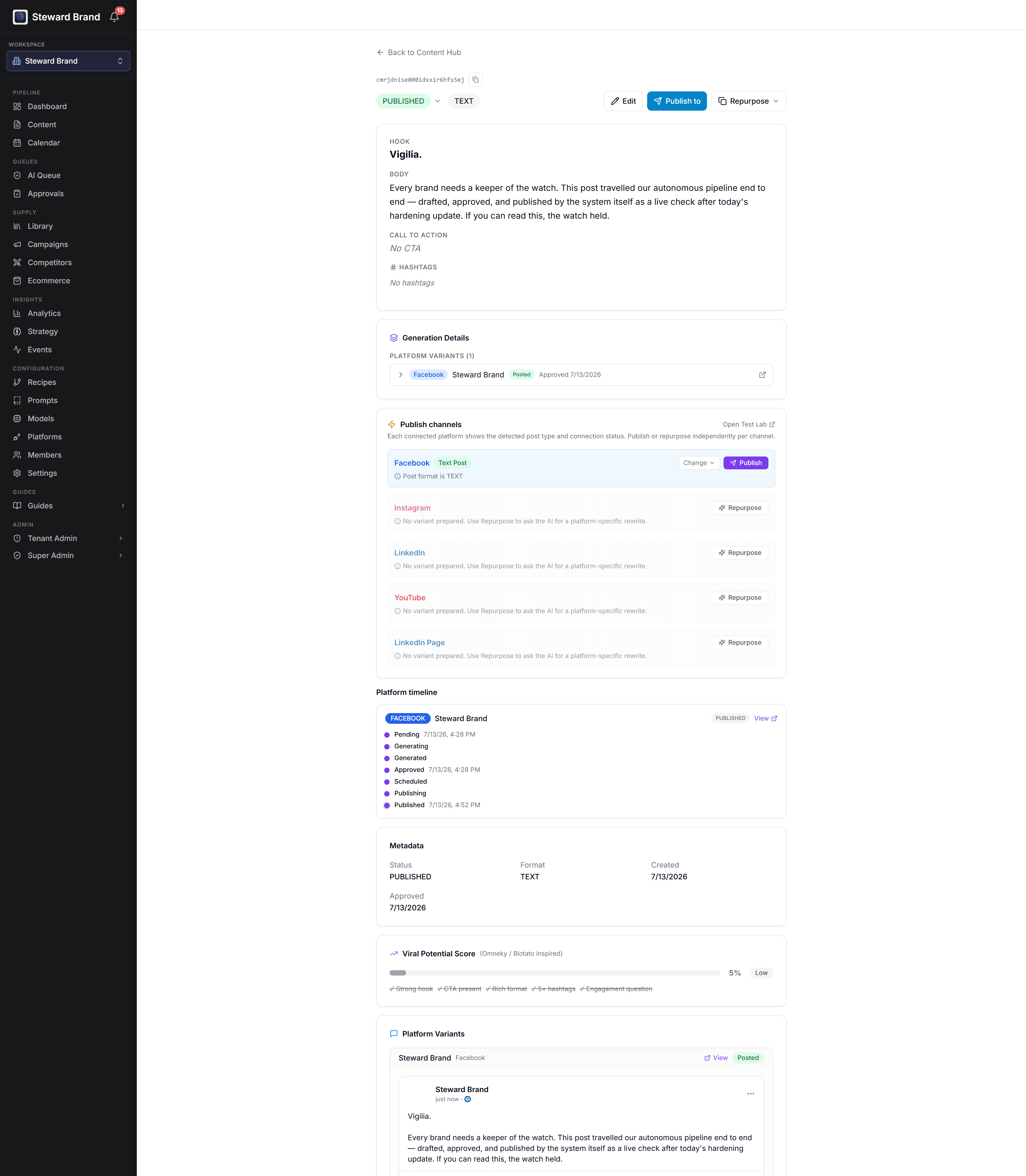 The published post in the Content hub