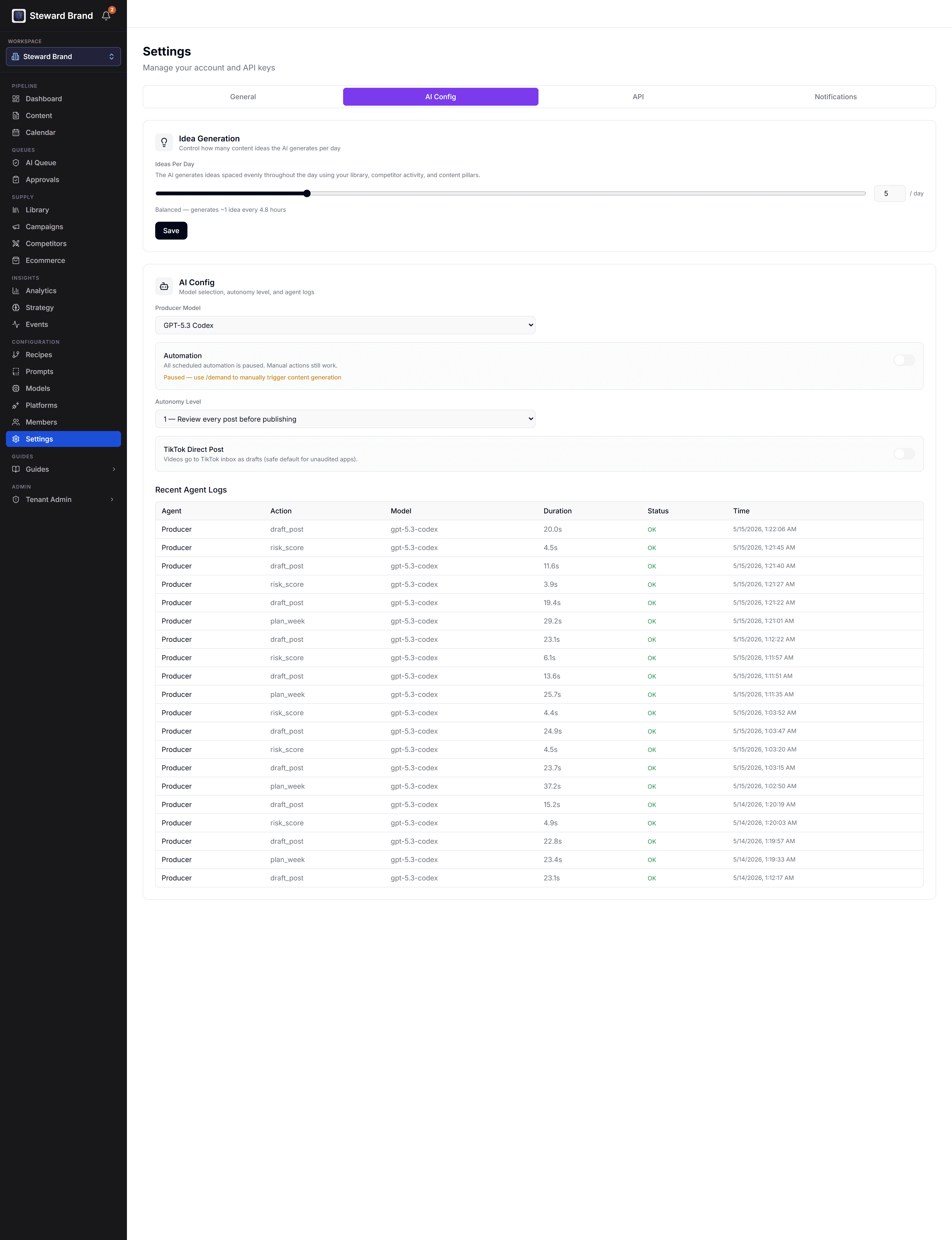AI configuration in Settings